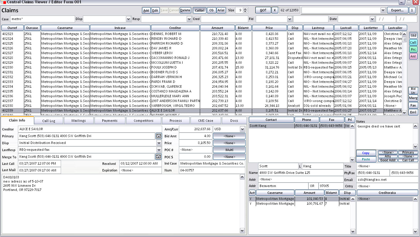 Historical screenshot of a case management application dashboard